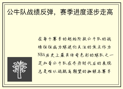 公牛队战绩反弹，赛季进度逐步走高